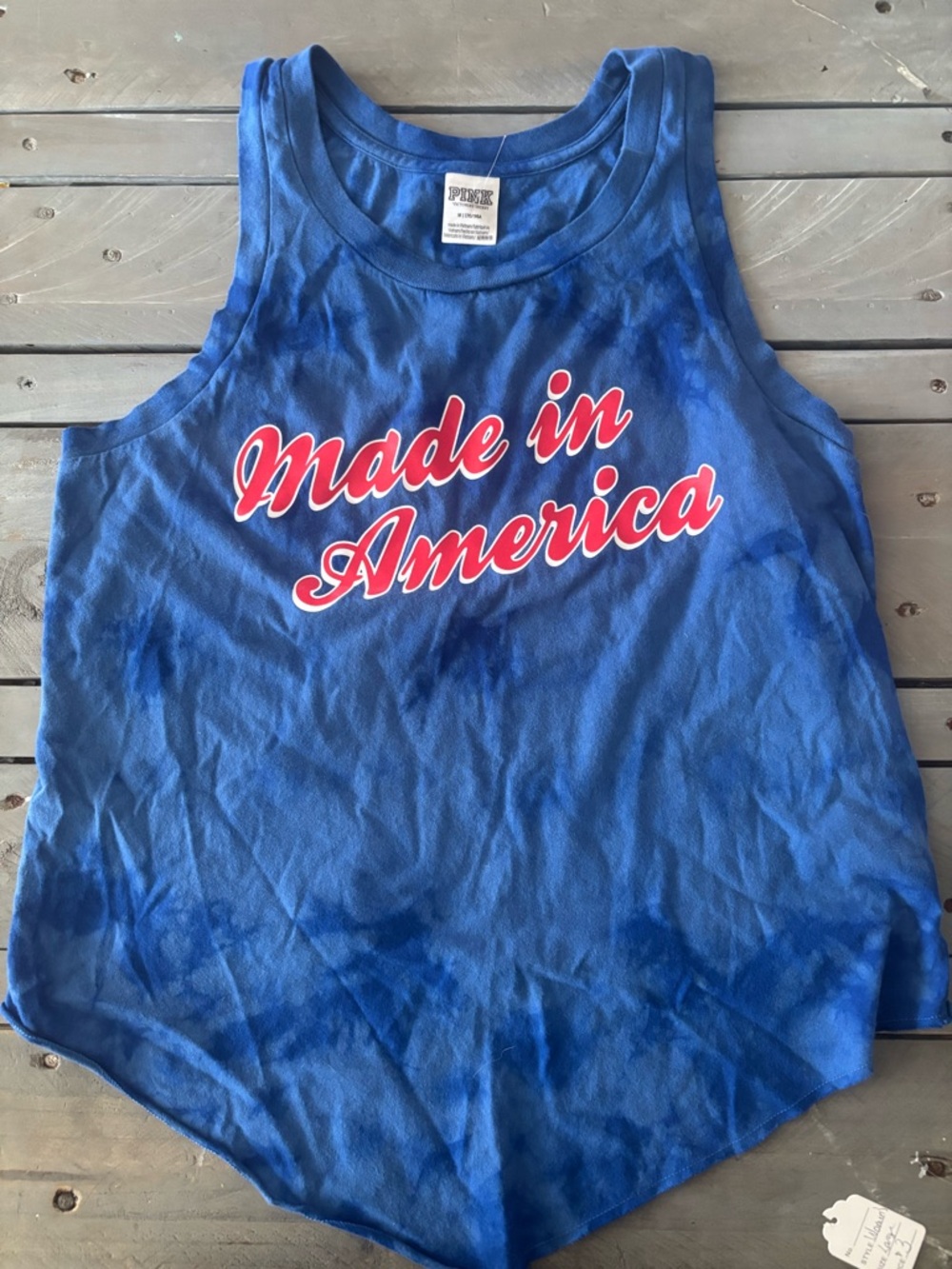 PINK Victoria's Secret Blue Tie-Dye Graphic Tee with Red Script